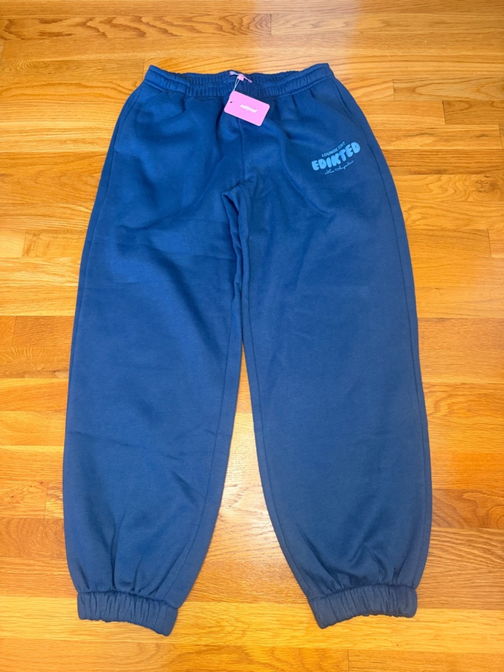 Edikted Lounge Sweatpants Navy Blue Joggers Graphic Logo Cozy Oversized L NWT